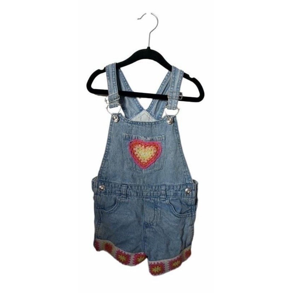 Little‎ Lass Denim Crochet Heart Shortall Size 5_K22